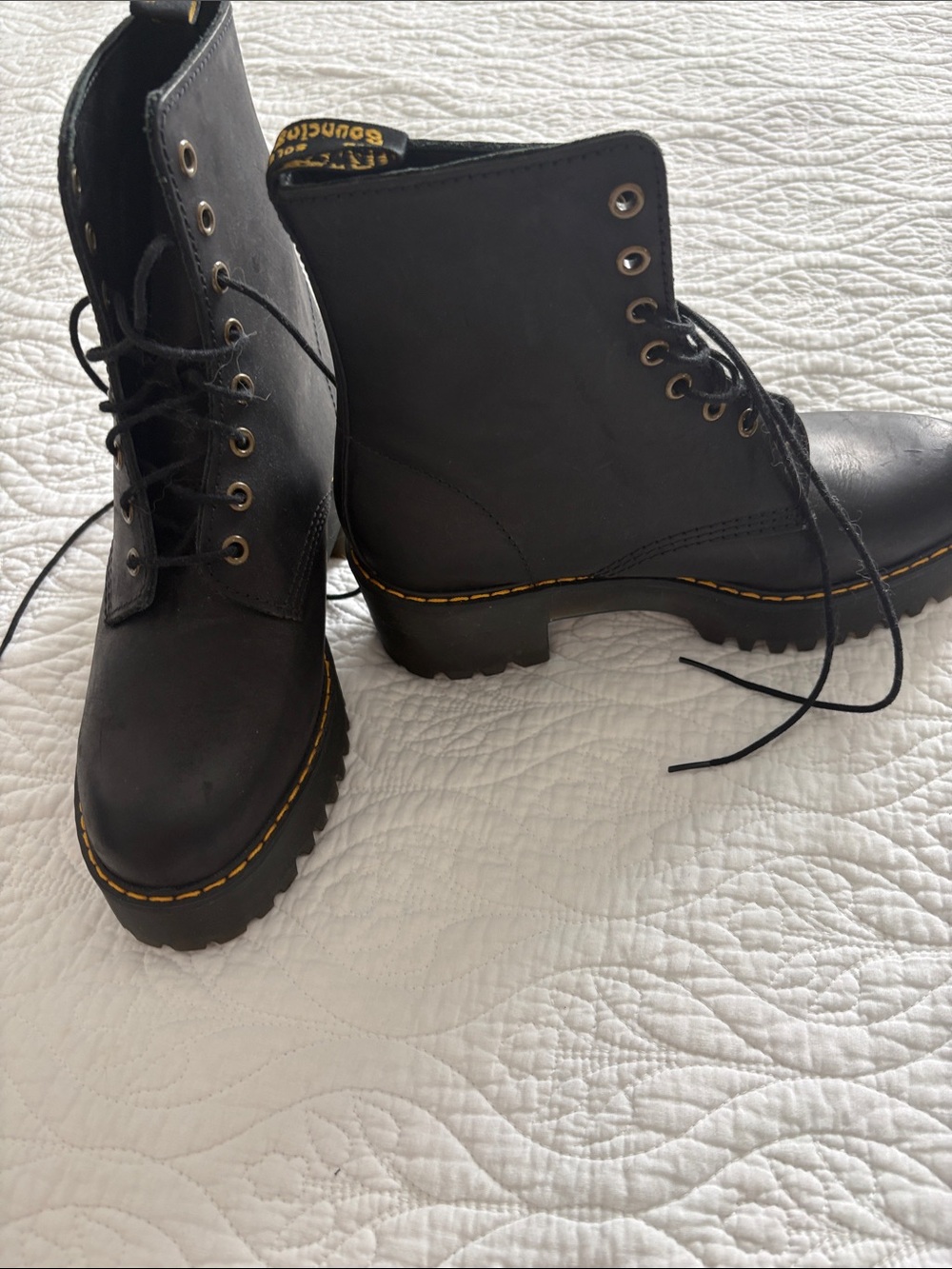 Dr. Martens Black Leather Lace-Up Platform Boots with Yellow Stitching